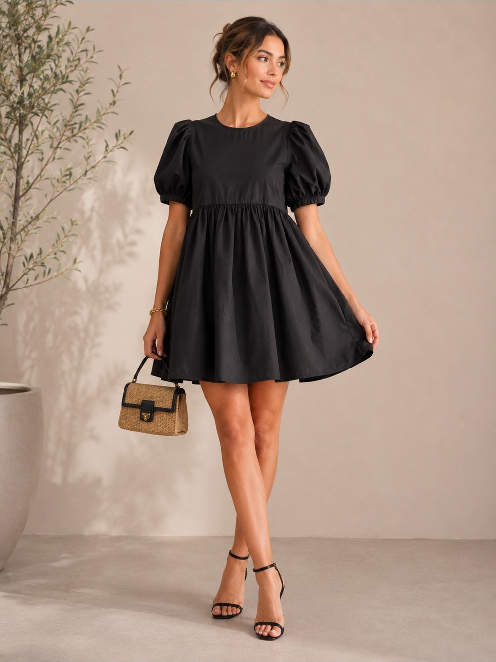 English Factory Black Puff Sleeve Babydoll Dress Size Medium Cotton